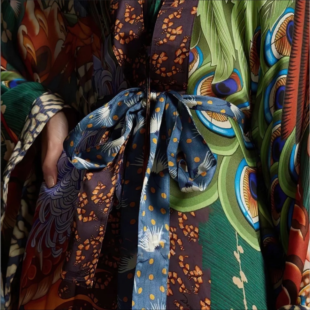 Green Floral & Dragon Print Satin Maxi Kimono Dress - Picture 5 of 7